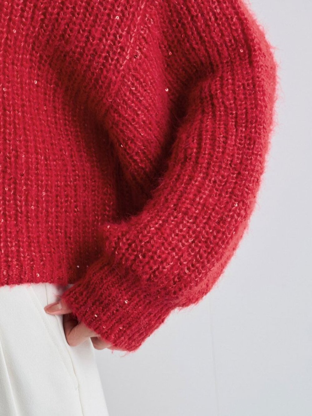 Sparkly Red Knit Sweater Sequins Crew Neck Long Sleeve Cozy Pullover Women F - Picture 3 of 8